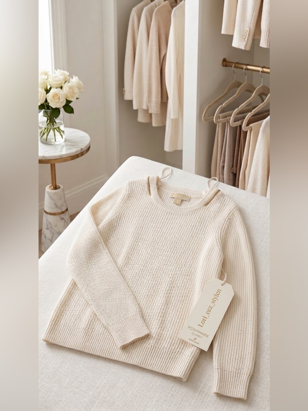 Michael Kors Cream Ribbed Crewneck Sweater